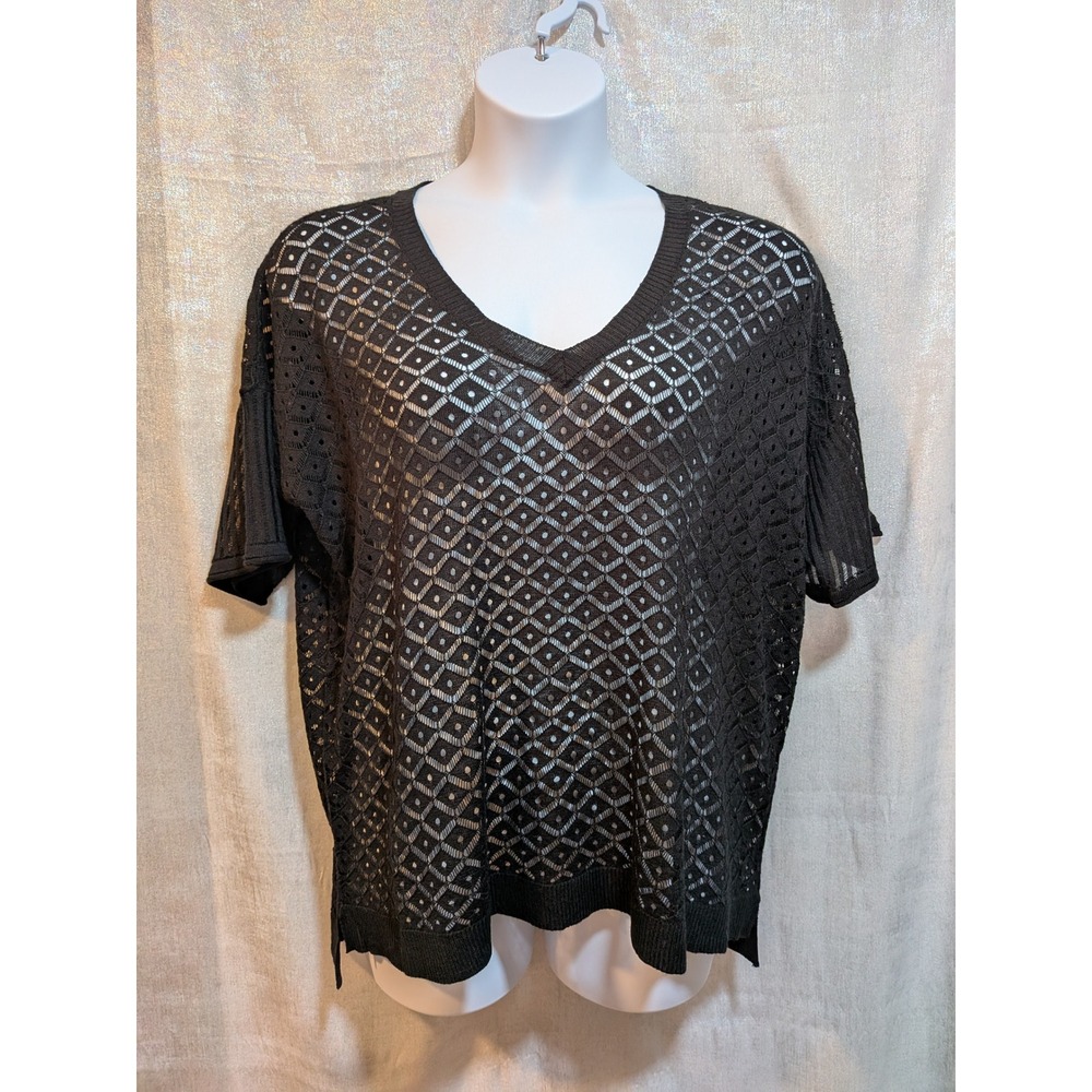 Cyrus XL Black Crochet Knit V Neck Top Diamond Pattern Summer Open Knit Vacation